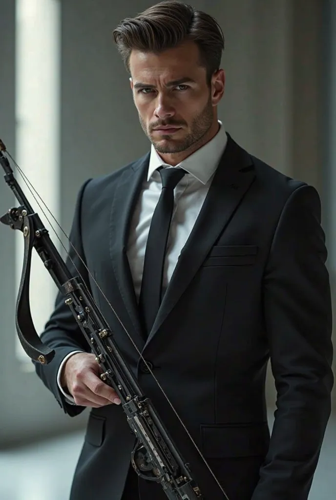 Modern elegant handsome man with a crossbow pointing