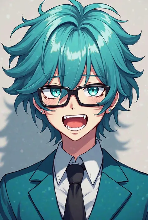 Create an anime character with messy hair that his hair is cyan, a cyan-colored suit with a black tie that looks very masculine, Show off his fangs that he opens up flirty and very animated, with square lenses with a black edge 