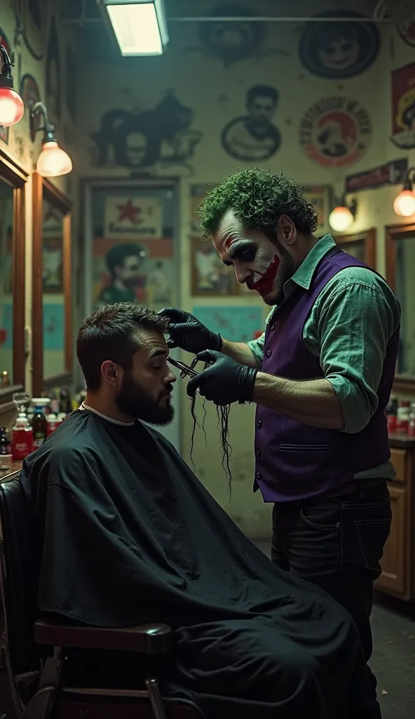 A dark, dimly lit barber shop with a vintage touch, full of mirrors old posters and posters on the walls.  in the center, a barber dressed in a purple vest, green shirt and black gloves Cut the hair of a bearded man sitting on the chair. The barber has his...