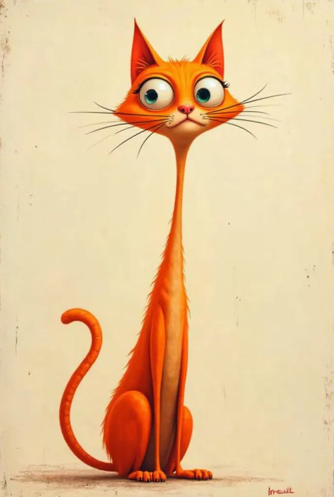 An oil painting of a tall cat sitting thin in orange color caricaturized