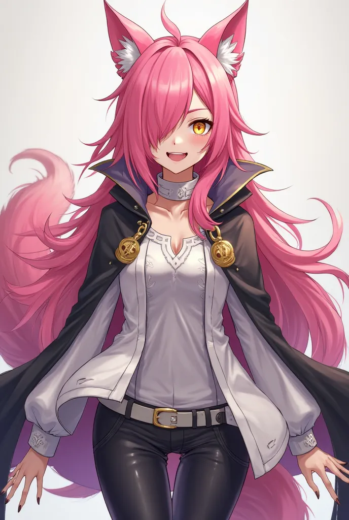 (maximum quality, best quality,  official art , beautiful and aesthetic :1.2) female anime, wolf girl, rebellious girl, long pink hair with bangs covering the right side of the face,  golden eyes, pink wolf ears, pink voluminous tail,  voluminous white coa...