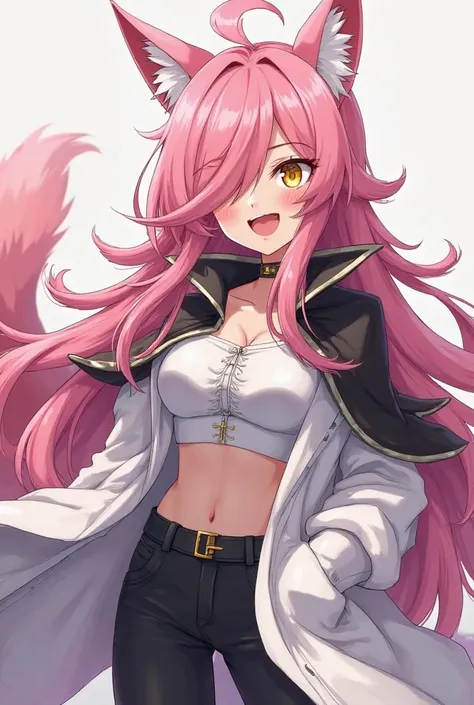 (maximum quality, best quality,  official art , beautiful and aesthetic :1.2) female anime, wolf girl, rebellious girl, long pink hair with bangs covering the right side of the face,  golden eyes, pink wolf ears, pink voluminous tail,  voluminous white coa...