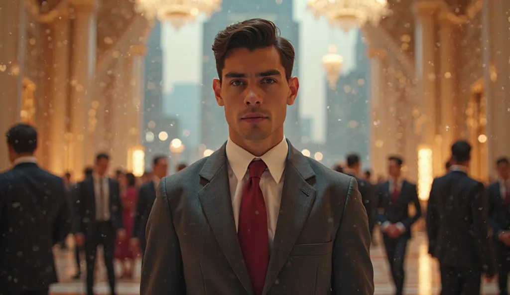 Image of an ambitious young man with a determined expression, dressed in an impeccable charcoal gray suit and classic red tie, in front of an imposing futuristic skyscraper. dark brown hair in a precise cut, complementing a strong jaw and penetrating gaze....