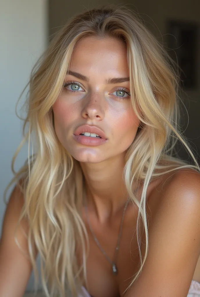 A picture of a girl with blonde hair, white skin, beautiful smooth face and blue eyes ,she fuck many men 