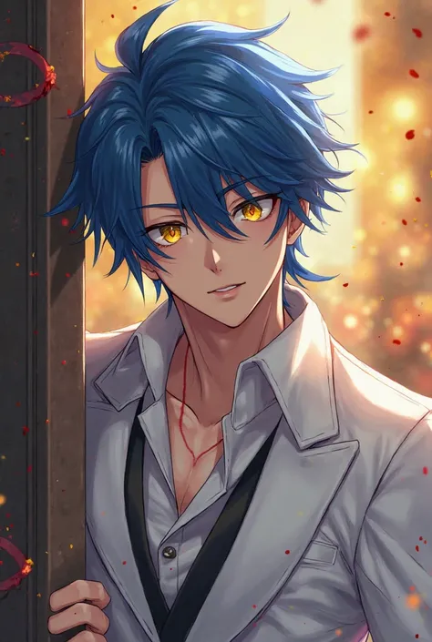 Blue-haired man with yellow locks and yellow eyes with a red center, white leather suit dress, handsome with slightly messy hair with fringes and a ponytail, hiding behind a wall En una fiesta elegante de fondo estilo anime 