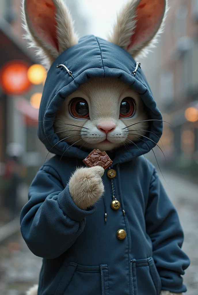 Navy blue Hooligan hoodie rabbit, With chocolate in my hand.