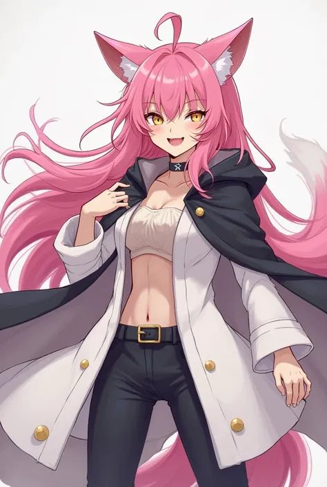 (maximum quality, best quality,  official art , beautiful and aesthetic :1.2) female anime, wolf girl, rebellious girl, long pink hair with bangs covering the right side of the face,  golden eyes, pink wolf ears, pink voluminous tail,  voluminous white coa...