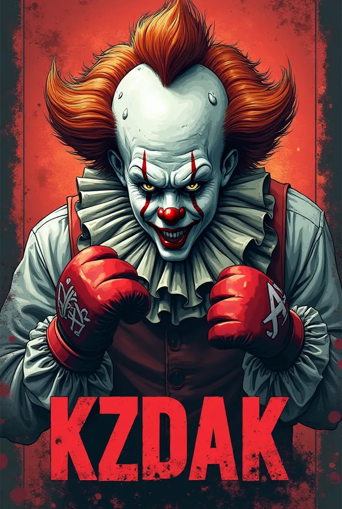 I want you to create a rectangular picture of a scary clown and a fighter with gloves in UFC in the comic style of superhero magazines. At the bottom of the picture, write KZDAK to me and make him come from behind the word KZDAK as if he was trying to atta...