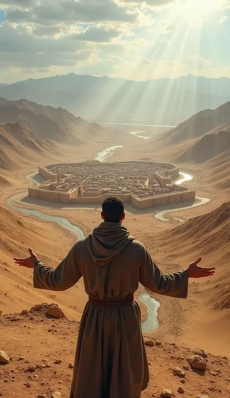 An epic view of a man observing a vast desert landscape from the top of a hill. In the foreground, His hands outstretched, as if preparing for a great event or challenge. below, a large fortified settlement in the middle of the desert, surrounded by walls ...