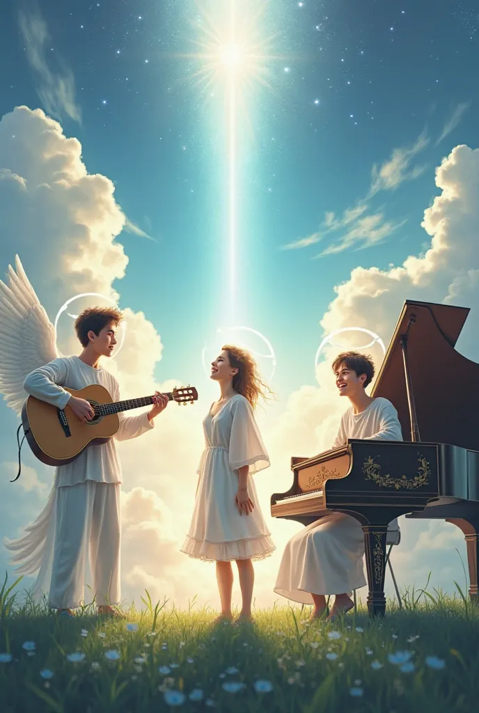 Make me a picture of three people playing in heaven One playing guitar one playing piano and the third singing 