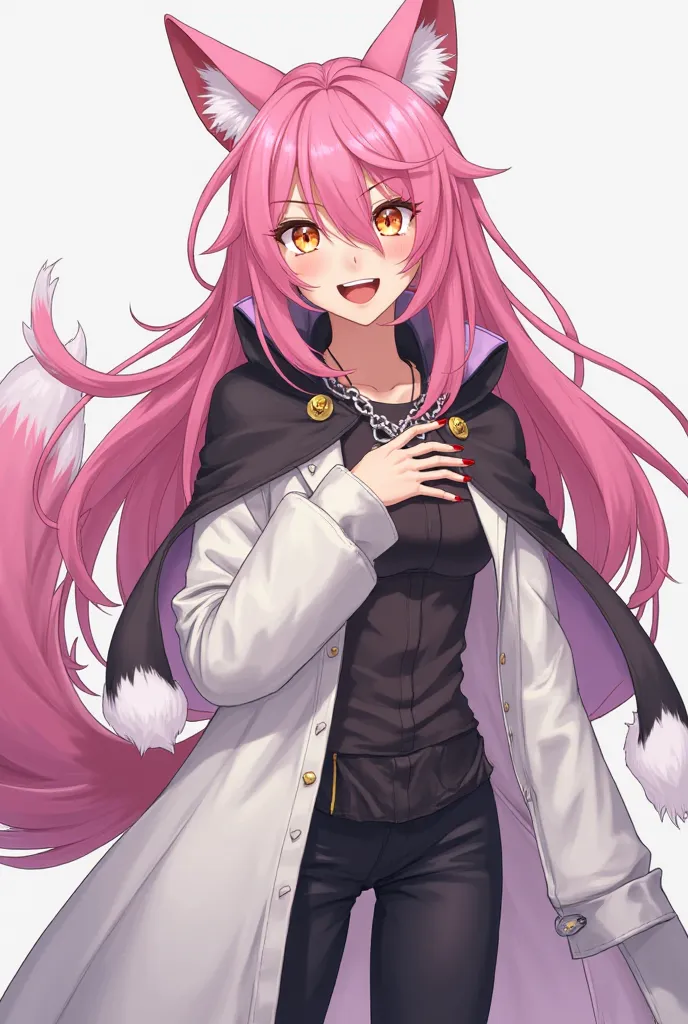 (maximum quality, best quality,  official art , beautiful and aesthetic :1.2) female anime, wolf girl, rebellious girl, long pink hair with bangs covering the right side of the face,  golden eyes, pink wolf ears, pink voluminous tail,  voluminous white coa...