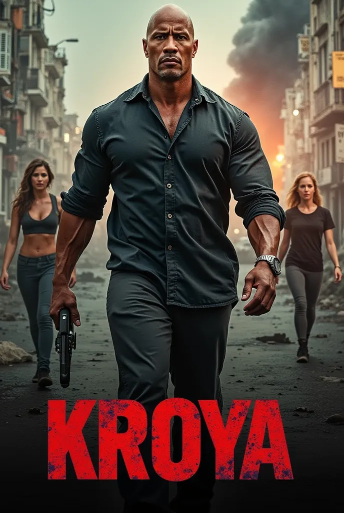 The movie title: "KROYA" is bold and prominent at the bottom of the poster. Image: Dwayne "The Rock" Johnson holding a . A woman and a man stand in the background. Setting: A city devastated by natural disasters. Volcanic eruption, tsunami. The poster has ...