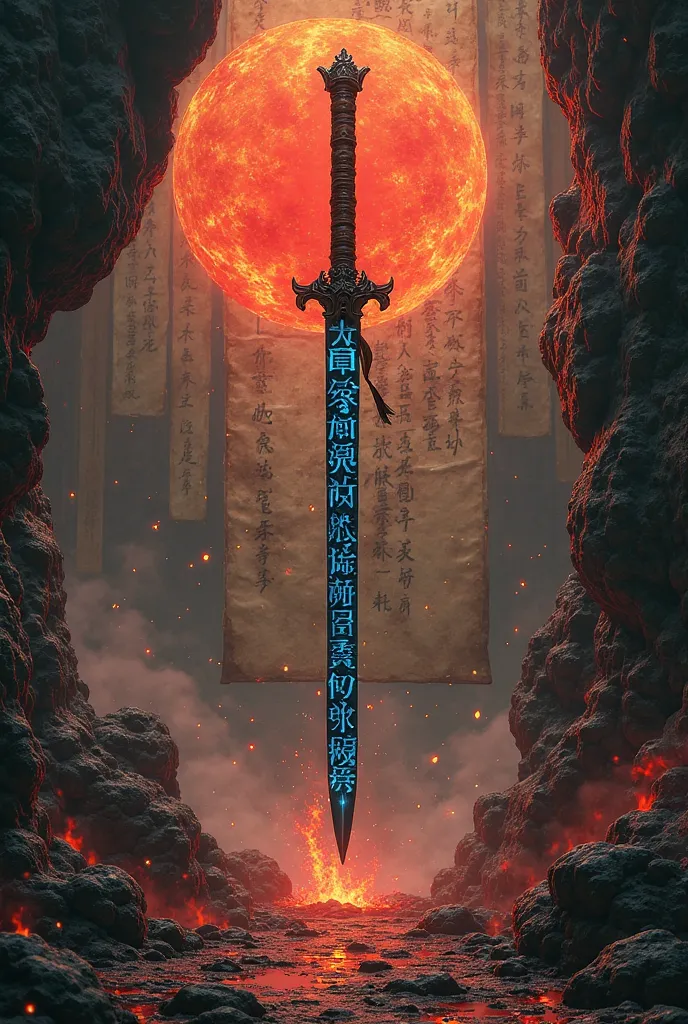 A dark fantasy long katana, Kurogami-no-Kotodama ('Spirit of Black Words'), floating inside a cavern which walls are painted with kanjis. The blade has glowing kanjis with bioluminescent blue that shift like living ink. The hilt is wrapped in ancient scrol...