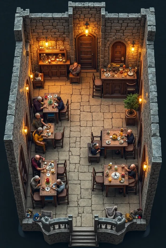 Internal map of the layout of a medieval fantasy tavern with a view from above. Inside there are tables and chairs for parishioners,  bar counter, guest rooms and basement door.