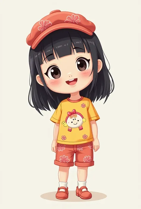 create an image with the following description: 

Cartoon image of a  girl with full body with facial features: The girl has a cheerful expression, with a big smile that shows her happiness.  has black eyes, They are big and have an Asian touch, which give...