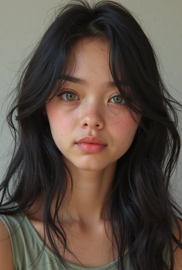 Make a picture of a 21-year-old girl with medium length, black hair, weight 70 kg. Her eyes are green. Her features are simple. She has very light freckles. Her eyes are medium, her nose is medium, and her lips are average. Her face is medium, not wide and...