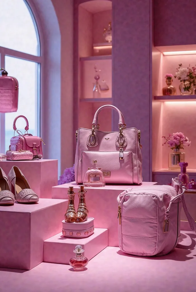 Only front view of bags footwears perfumes accessories shope 's interior design in pink purple shade in one frame picture 