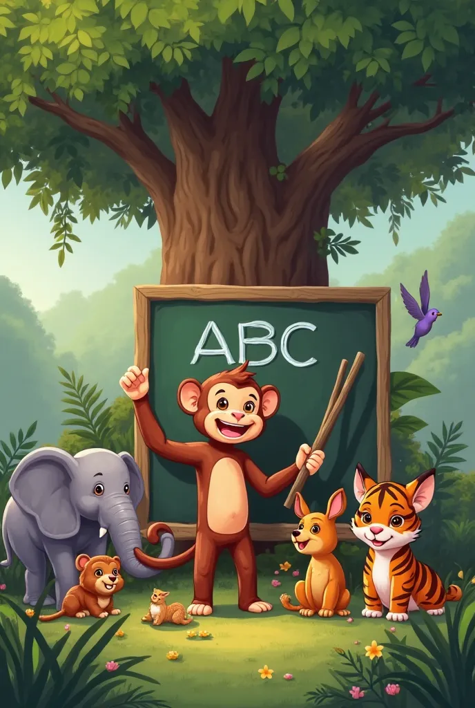 منظر

"A cheerful monkey standing under a giant tree in a lush green jungle, holding a wooden stick and pointing at a blackboard with 'ABC' written on it. Surrounding the monkey are various jungle animals like an elephant, tiger, deer, parrot, and rabbit, ...