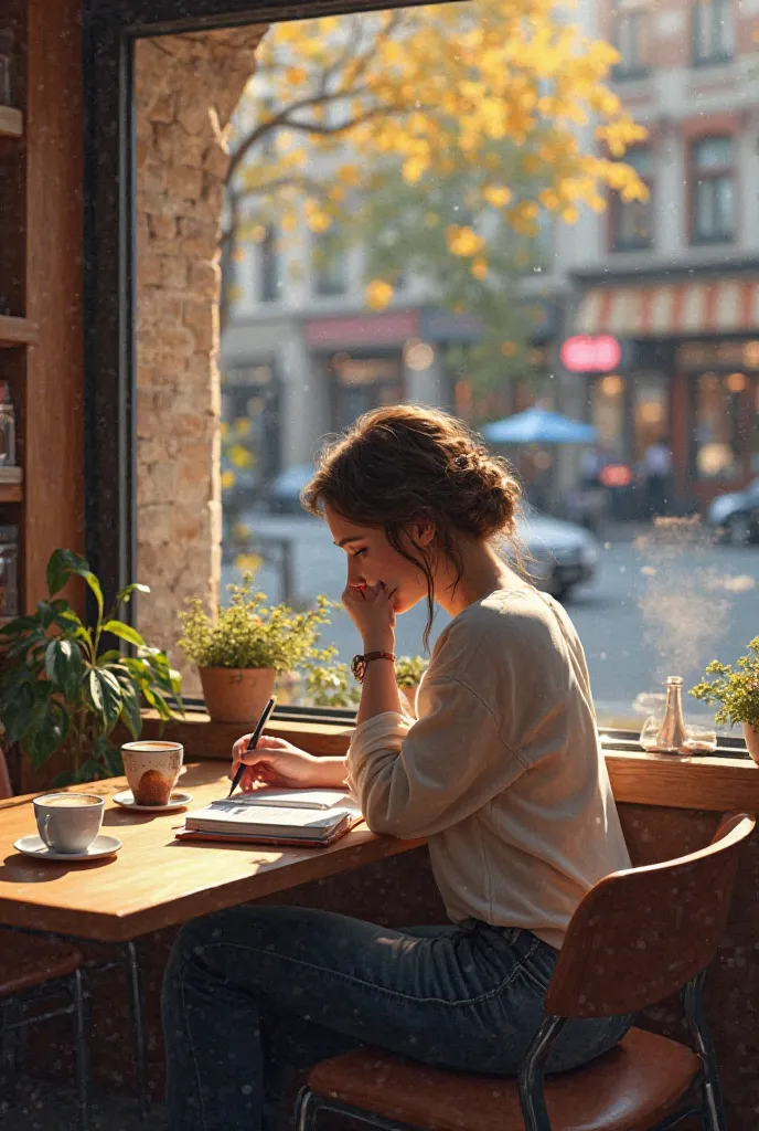 I want a realistic image of someone sitting at a table. I want it to be in a bakery. I want her to be seated.  I want you to have coffee on the table. I want you to have a notebook. As if she were working. I want the place to have a street view 