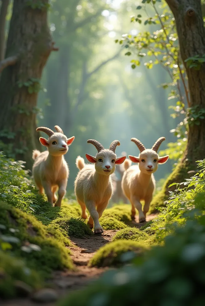 In 3d animation style, a goats are walking in the forest 