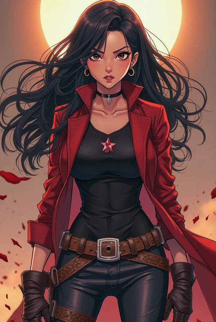 (masterpiece, best quality work of art, anime, anime coloring:1.3, superhigh res). 16 ans, 1 woman, Female, A big, woman with fine black wavy hair and round black eyes with long eyelashes . Porte un costume de héros de style western, With a red duster jack...