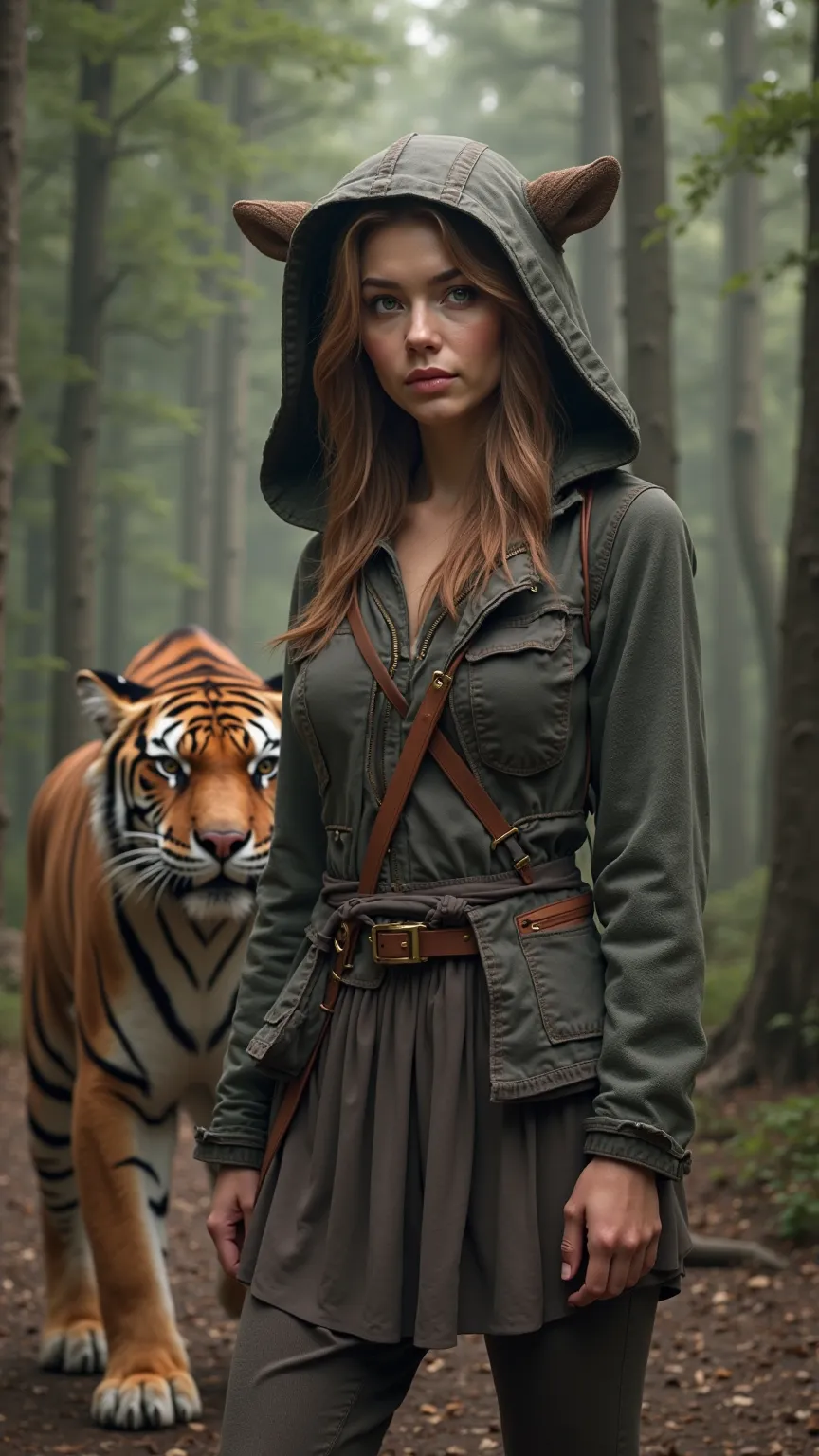 A beautiful woman 30-years-old wearing clothes with a hood that has ears and a  big tiger walk in the woods,  high res,  Masterpiece, accurate,  anatomically correct,  has won many awards, 最 high quality,  DETAILS ,  high definition model,  high quality,  ...