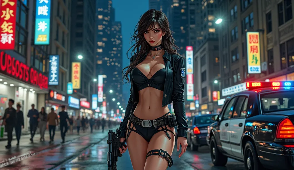 DANS LE STYLE MANGA JAPONAIS Une belle femme brune sexy POLICIÈRE habillée moulant et avec un décolleté sexy de grosses poitrines,un short court sexy avec des portes jarretelles ,elle patrouille la nuit arme a la main dans les rue de Chicago sombre ,voitur...