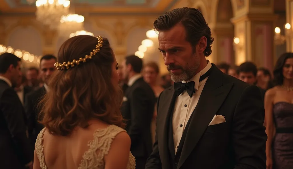 Imagem de Ethan Lancaster, a 45-year-old billionaire, with a cold and disdainful look, humiliating Lily, a poor  girl, girl who tries to sell candy at a luxurious gala event. The scene must contrast the wealth and cruelty of the billionaire with the humili...