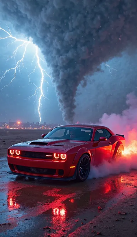 *"A powerful Dodge Demon SRT hypercar with aggressive tuning and shining neon lights rushes across the endless desert, disappearing into a spectacular skid. Wheels pull out sand and dust, leaving a trail of fire. Flames burst out of the exhaust and, and fu...