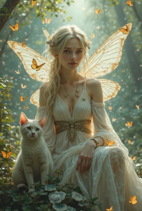 A fairy woman with cat and Butteflies 