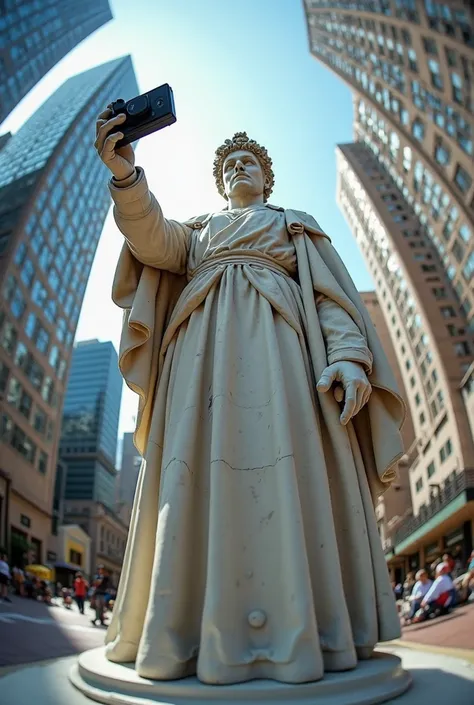 a fisheye lens selfie photo taken by a statue