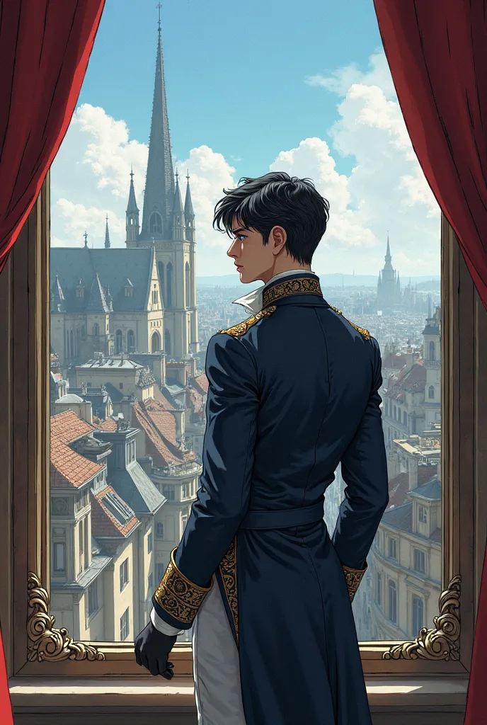 (( a male ager ))((White-skinned and blue-eyed))((black-haired girl))((wearing prince clothes from the beginning of the 19th century))(( looking out a window))((Which shows a 19th century city))(( Manga Style ))(( detailed)