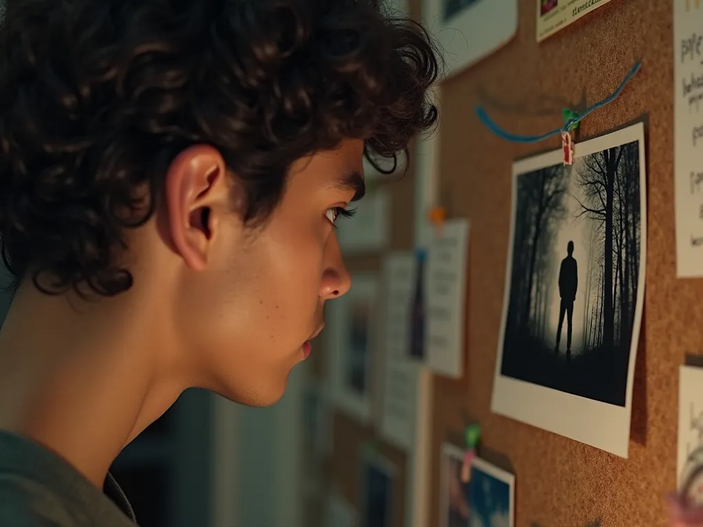 A close-up of a young man with curly black hair, brown eyes, and tan skin, staring intently at a mysterious photo pinned to a corkboard. The photo shows a shadowy figure in a forest, and the corkboard is filled with notes, strings, and other photos. The at...