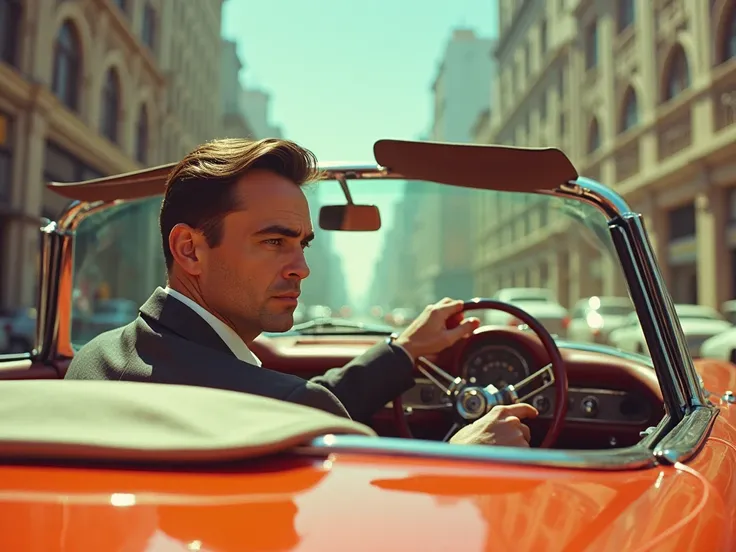 1966 color photo looking from behind over shoulder of male spy with brown hair driving a convertible sportscar