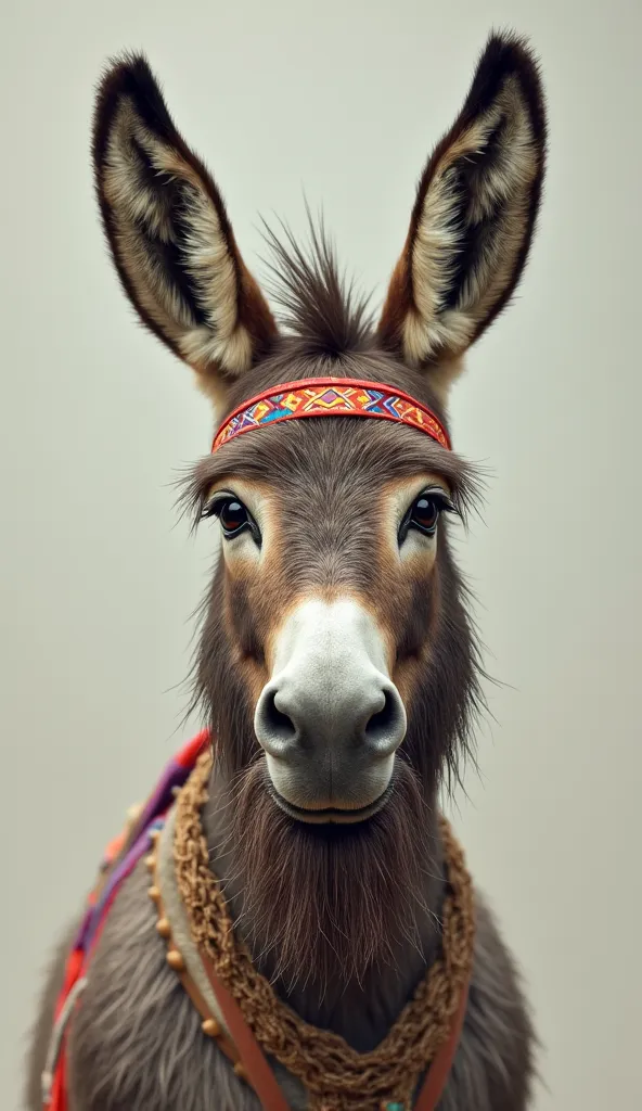 A donkey with a headband and a suspicious lumberjack's beard