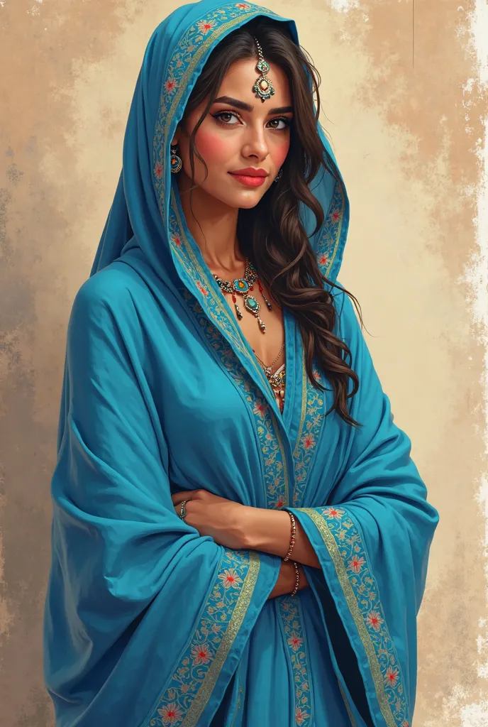 cartoon beautiful morrocon woman with tradtional blue  modest cloths 