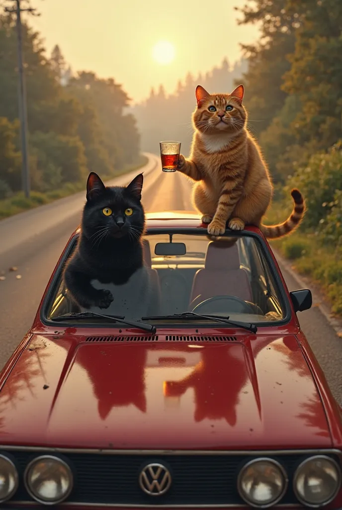 Take a picture of a black cat driving a 2003 vintage red golf4 and on top of the car another yellow variegated cat with whiskey in his hand 