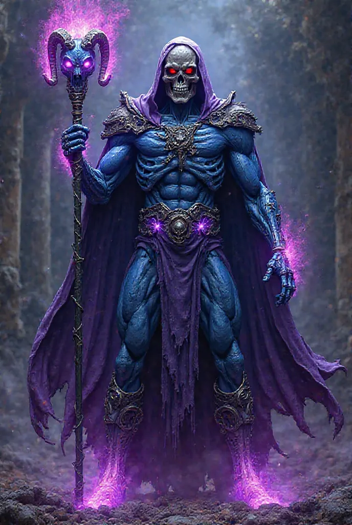 Skeletor retains his classic skeletal form, but his blue skin is now marred by cracks from which a dark, violet energy seeps, as if the power of Chaos itself roils within him. His skull, no longer static, shifts in expression, with eyes that burn with a cr...