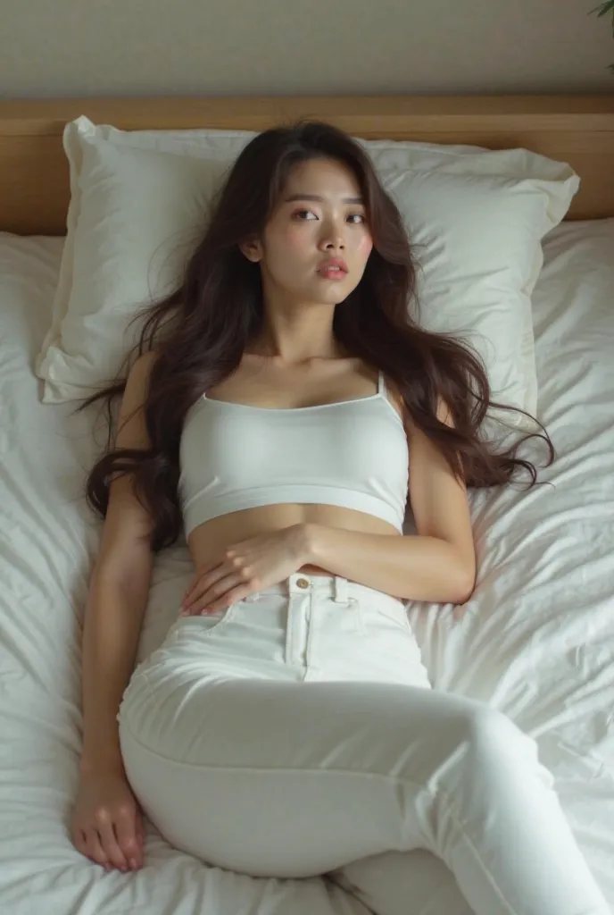 Japanese  with long brunette hair,she is wearing whitw croptop and white pants,she has thick thigs ,she is lying on bed and waiting