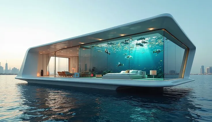 A futuristic floating villa in Dubai with an underwater bedroom, glass walls showing exotic marine life.