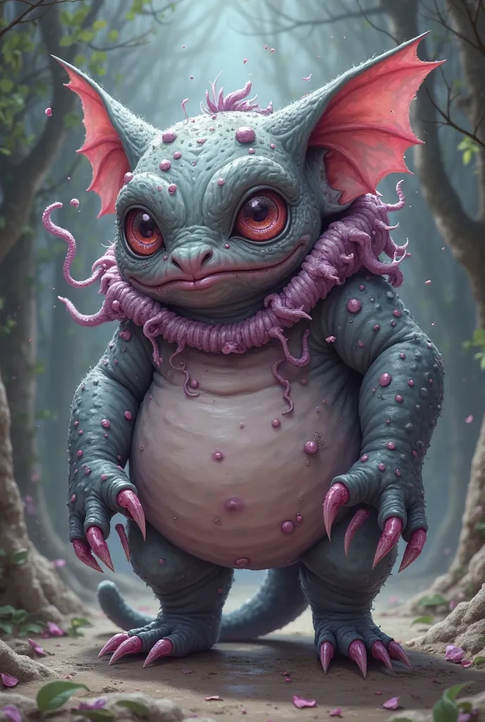 Anime style. Short, fat gremlin like creature. Greyish purple shade and covered in greyish pink dots. Without fur, only skin, which crawls around its neck. Claws on hands and feet