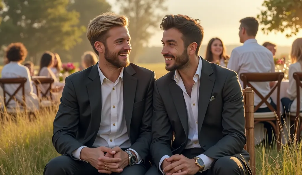 Create a realistic and joyful image of the two young men sitting in suits, smiling in front of something not visible in the image, with others seated in the chairs in the back, in an outdoor environment in the field. The blond man, 28 years old, short hair...