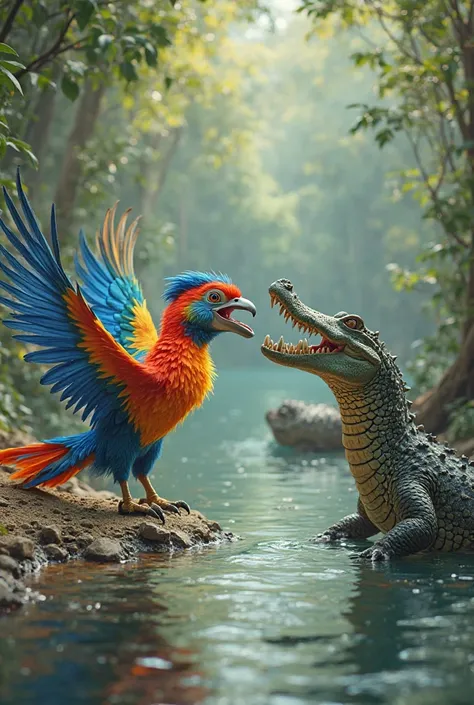 A colorful bird on a branch talking very angrily with the crocodile that is next to a river where there is a sleeping crocodile 