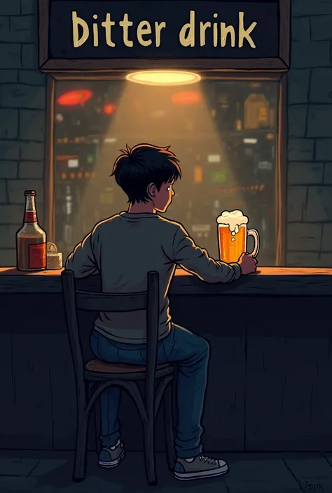 Cover for my Spotify album:  cartoon style, a young man sitting at a canteen bar with a beer jar in his hand and is sad and thoughtful, The canteen and the background are dark and only one light illuminates the young man, You can see him from behind ,  wit...