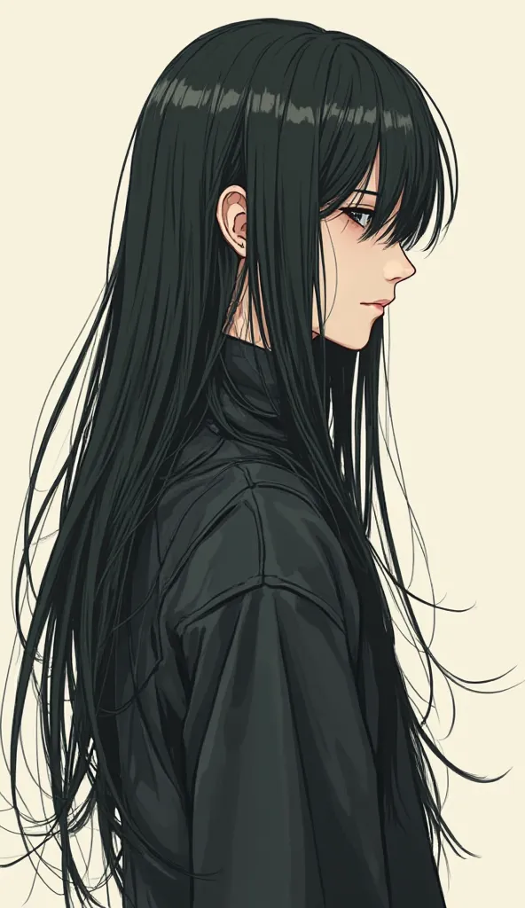 manga style of a simple ager male with a long black hair