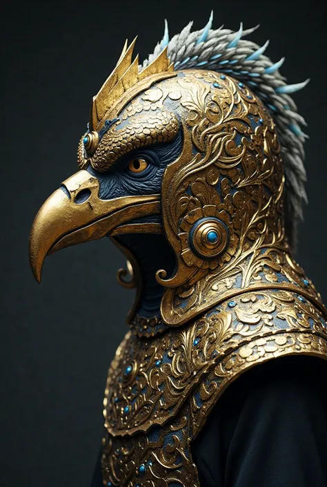 Creates a war helmet shaped like a raven's head, that matches the color gold and light blue
