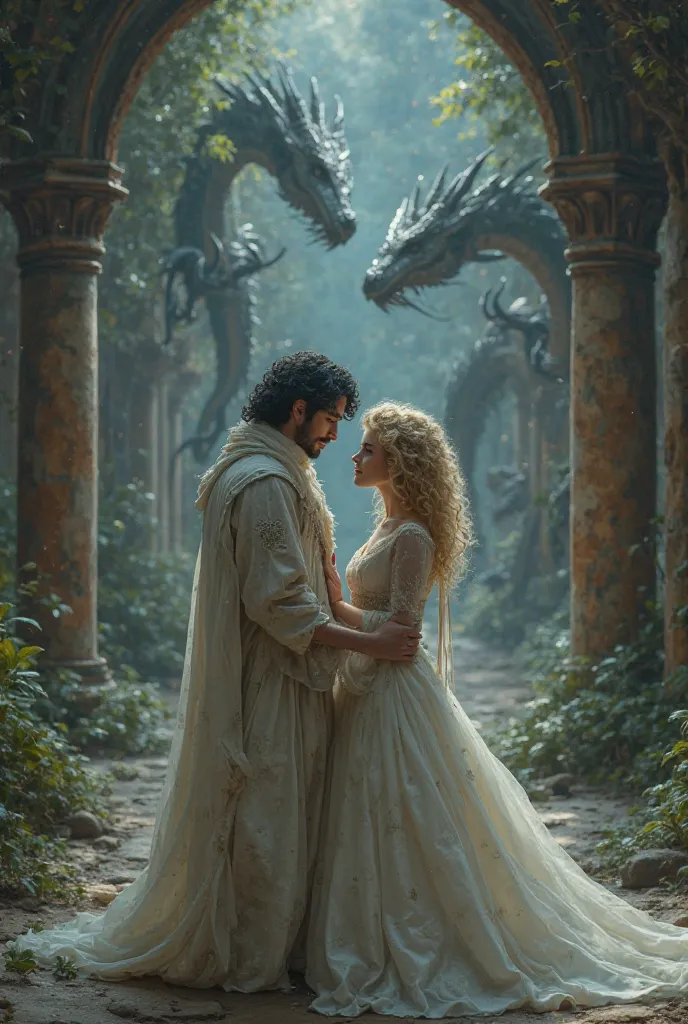 Create the image of a princess wearing a shabby white dress to marry a prince in a temple filled with images of dragons in the middle of the night. He has black hair and gray eyes and she is a curly blonde with green eyes 