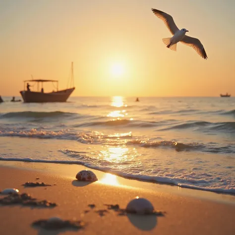 "A serene beach at sunset with golden hues reflecting on the calm waves. A few scattered seashells rest on the smooth sand, while a lone seagull soars above the horizon. In the background, a silhouette of a small fishing boat drifts gently on the water."

...