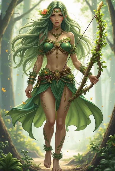 Lysara is a female character with an elegant and wild appearance, at one with nature. Her long, wavy, greenish-toned hair waves gently in the wind, with small flowers, leaves and branches. The ends of her hair seem to shine slightly, reflecting the magic o...