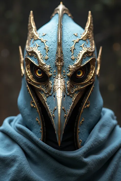 Creates a war helmet shaped like a raven's head, that matches the color gold and light blue but is made of steel
